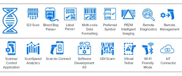 CS60-HC Series Companion Scanner DNA Icons: DataCapture DNA, 123Scan, Blood Bag Parse+, Label Parse+, Multi-code Data Formatting, Preferred Symbol, PRZM Intelligent Imaging, Remote Diagnostics, Remote Management, Scanner Control Application, ScanSpeed Analytics, Scan-to-Connect, Software Development Kit, UDI Scan+, Virtual Tether, WiFi Friendly Mode, IoT Connector