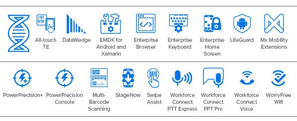 TC72 TC77 Mobility DNA Software Icons TC72 / TC77 Mobility DNA icons - All-touch TE, DataWedge, EMDK for Android and Xamarin, Enterprise Browser, Enterprise Keyboard, Enterprise Home Screen, LifeGuard, Mx Mobility Extensions, PowerPrecision+, PowerPrecision Console, Multi-Barcode Scanning, StageNow, Swipe Assist, Workforce Connect PTT Express, Workforce Connect PTT Pro, Workforce Connect Voice, WorryFree WiFi