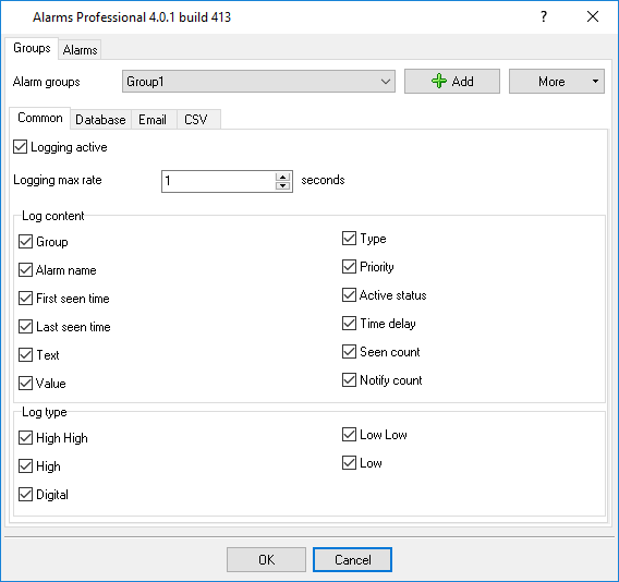 Configuring alarms detection and logging