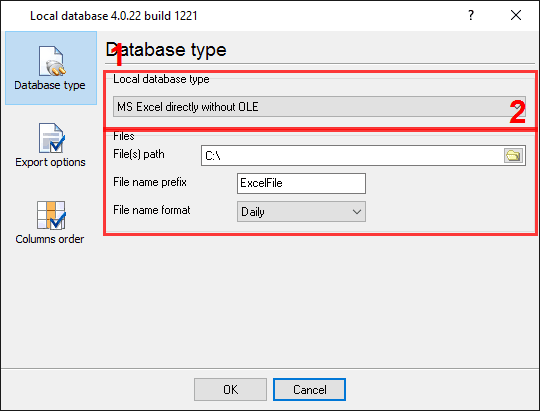 CSV export. Selecting a database