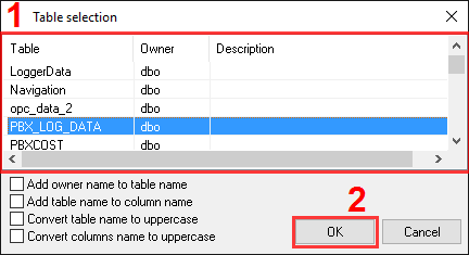 Export to MS Access. ODBC database data logger. Selecting the table