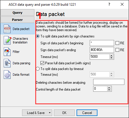 Barcode scanner data logger. Parser configuration window