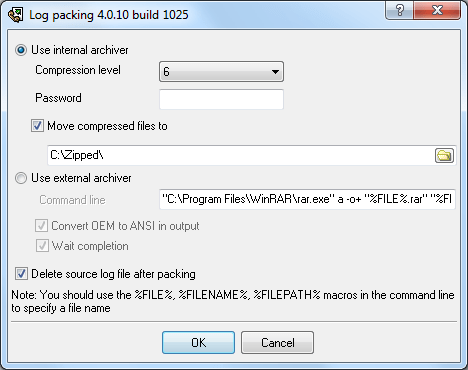 The Log packing plugin window