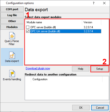Selecting the OPC UA server plugin