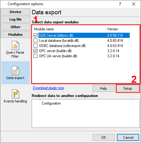 Selecting the DDE server export plugin