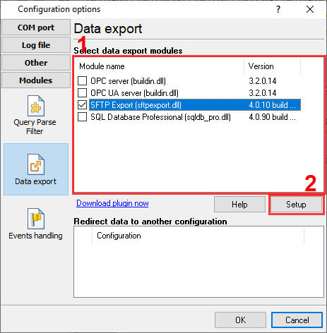 Selecting the SFTP export plugin
